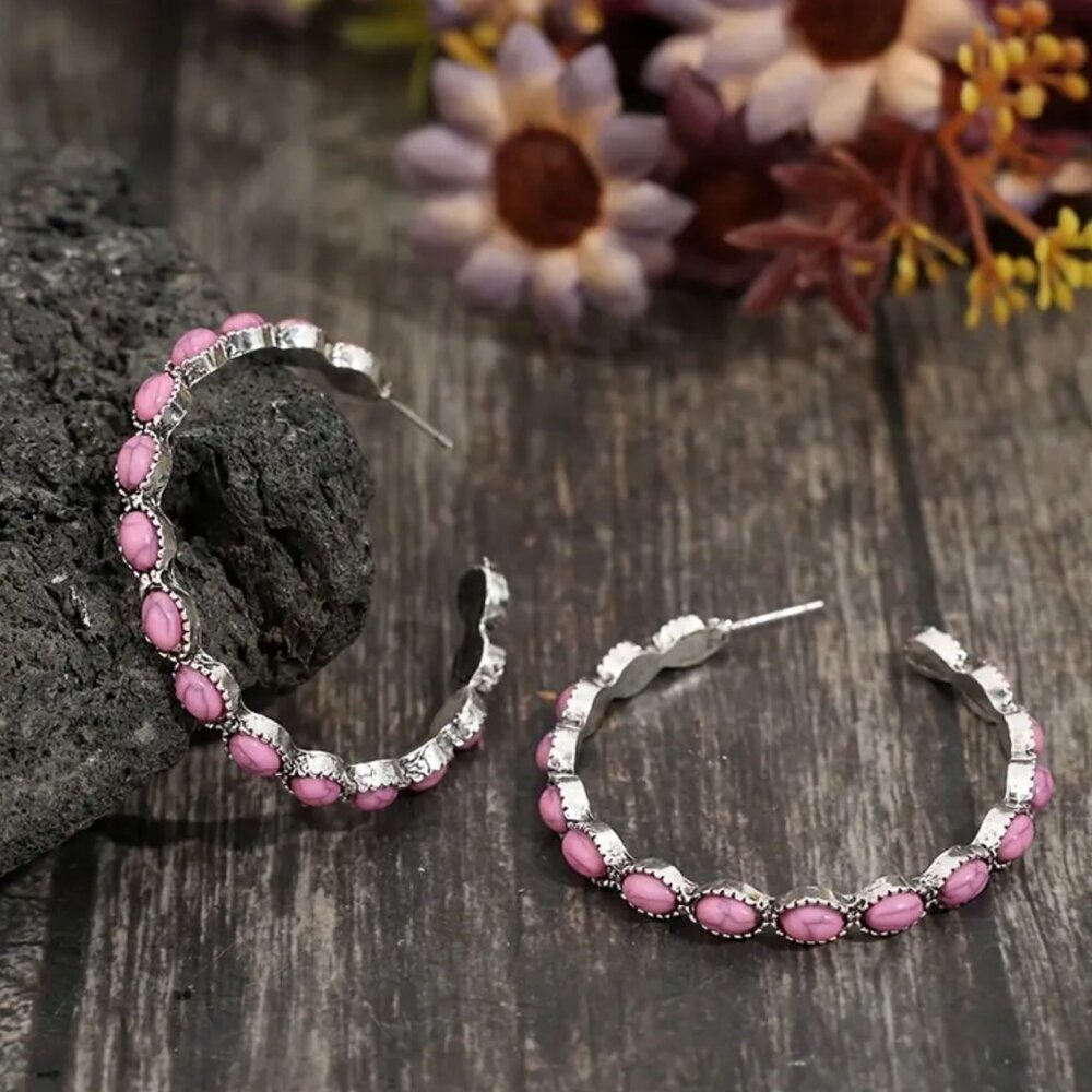 NEW Pink hoop earrings, western aesthetic earrings, pink retro jewelry turquoise - Picture 4 of 6